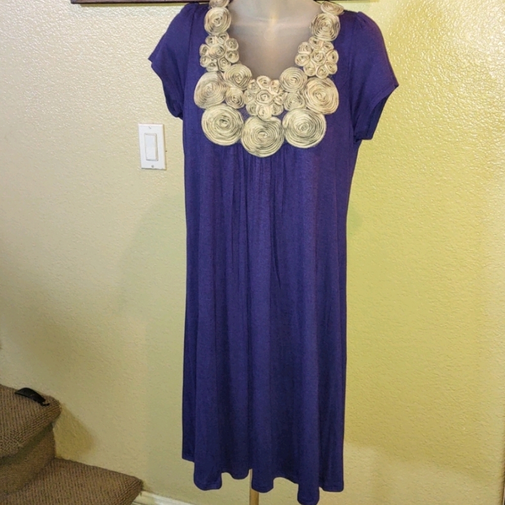 Pink Rose Swing Blue Dress w/ Rosette Bib Sz L